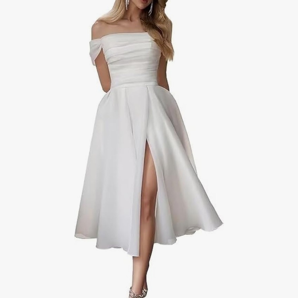Miss Veil Wedding Prom Short Dress Off the Shoulder Organza Tea Length High Slit